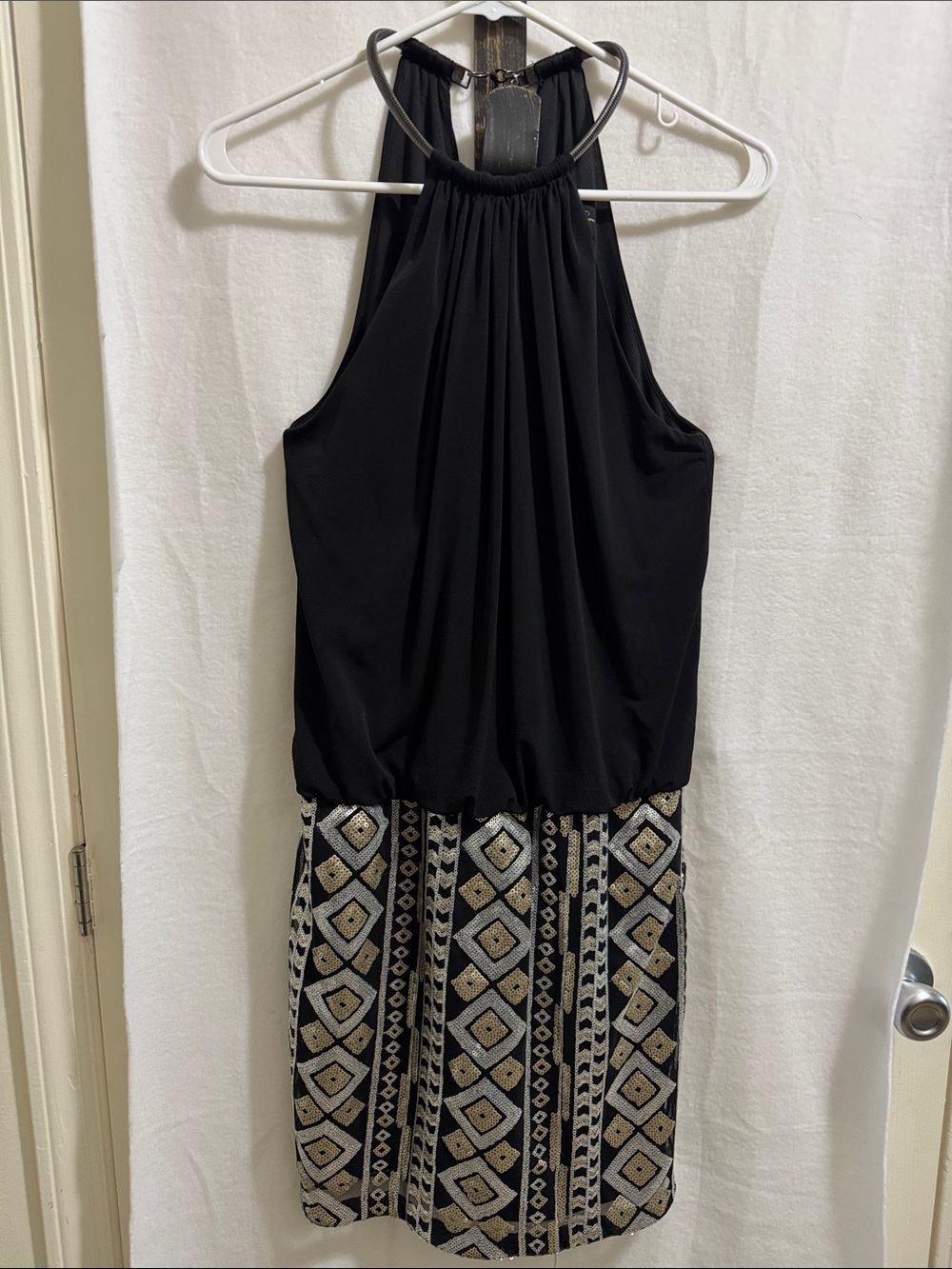 Jessica Simpson Black Halter Dress with Gold & Cream Beaded Skirt